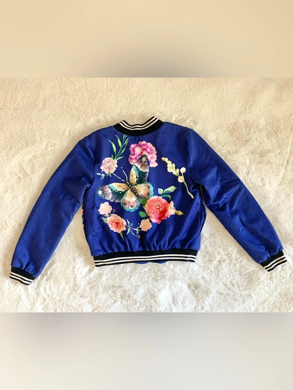 Hannah Banana blue bomber jacket flowers rhinestones Girl 10